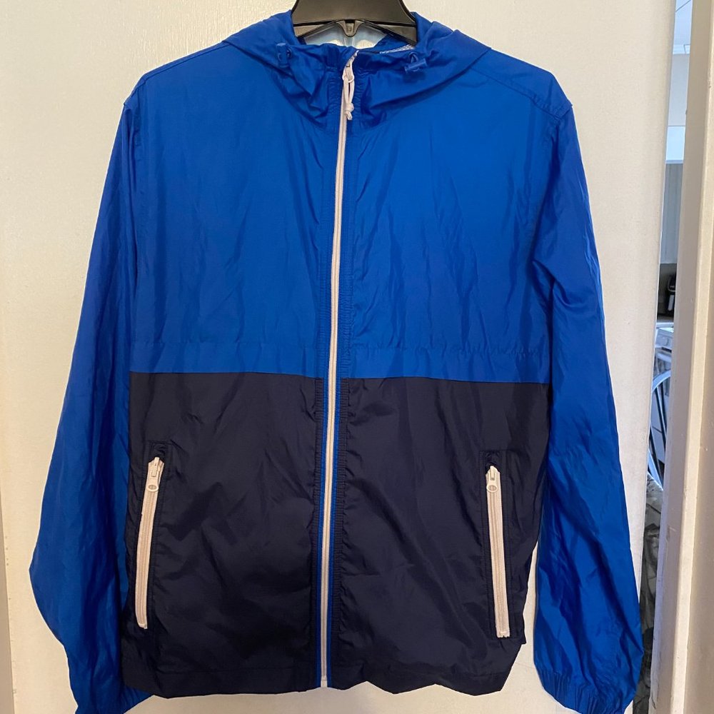 Old Navy Windbreaker Jacket Men's Large Hood Interior Pockets Blue Lightweight